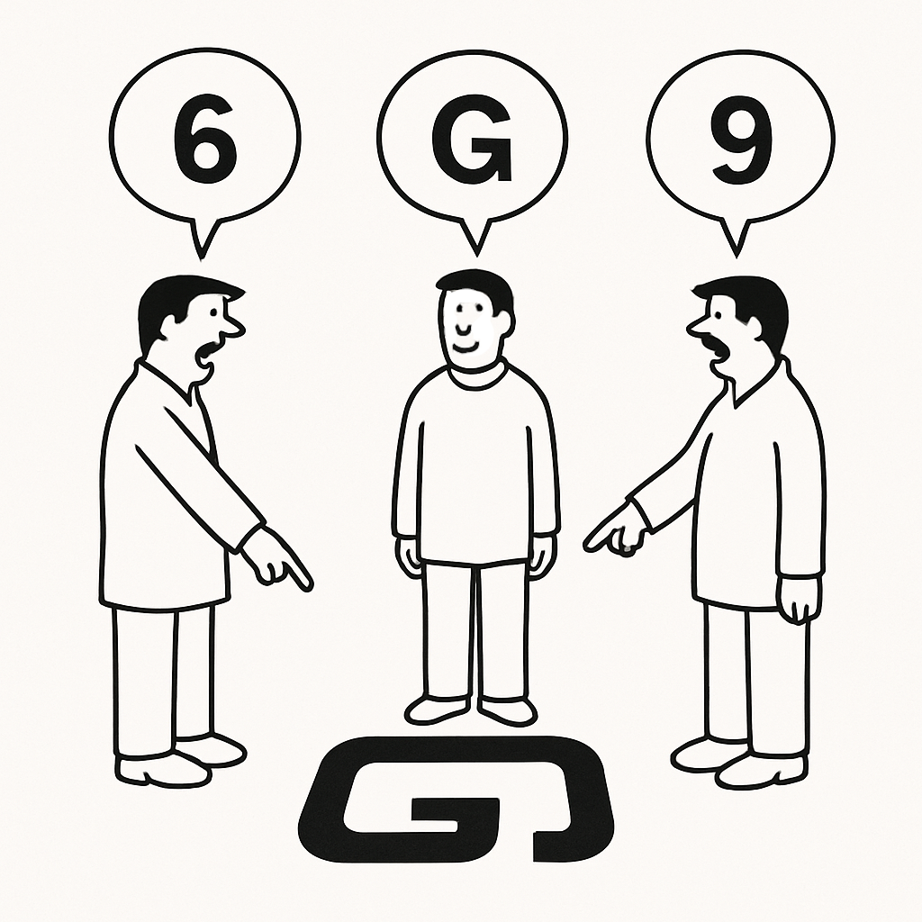 Vignetta con un simbolo sul pavimento, L'uomo a sinistra vede un 6, l'uomo a destra un 9, l''uomo al centro una G