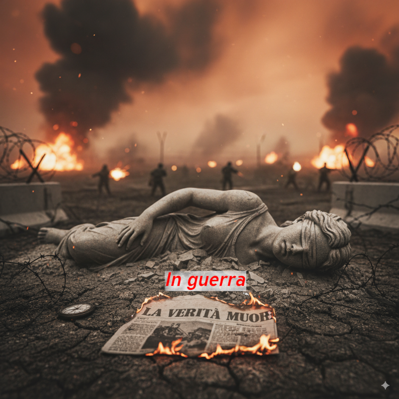 L’immagine mostra un campo di battaglia devastato, con fiamme e fumo che oscurano il cielo. In primo piano giace a terra una statua spezzata di una donna bendata, simbolo della verità e della giustizia, distesa sul terreno arido e crepato. Accanto a lei un giornale in fiamme riporta in grande la scritta: ‘La verità muore’. Sullo sfondo, sagome di soldati avanzano tra il fuoco e il filo spinato, evocando il caos e la distruzione della guerra.