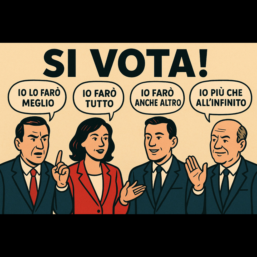 Titolo: "SI VOTA!": 4 figure disegnate dicono:"Io lo farò meglio", "Io farò tutto", "Io farò anche altro", "Io più che all'infinito"