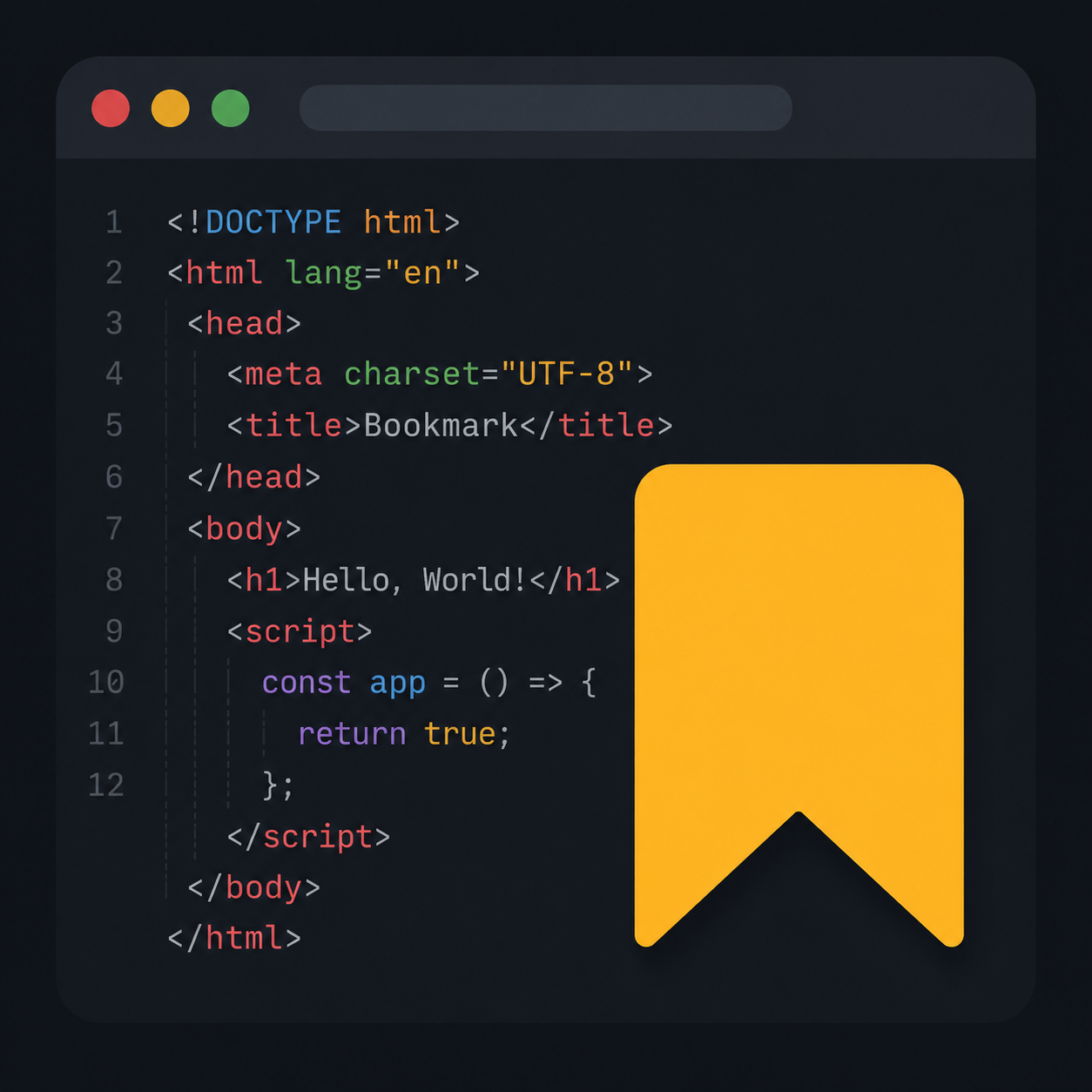 Finestra di un editor di codice HTML con un'icona di segnalibro giallo — bookmarklet JavaScript